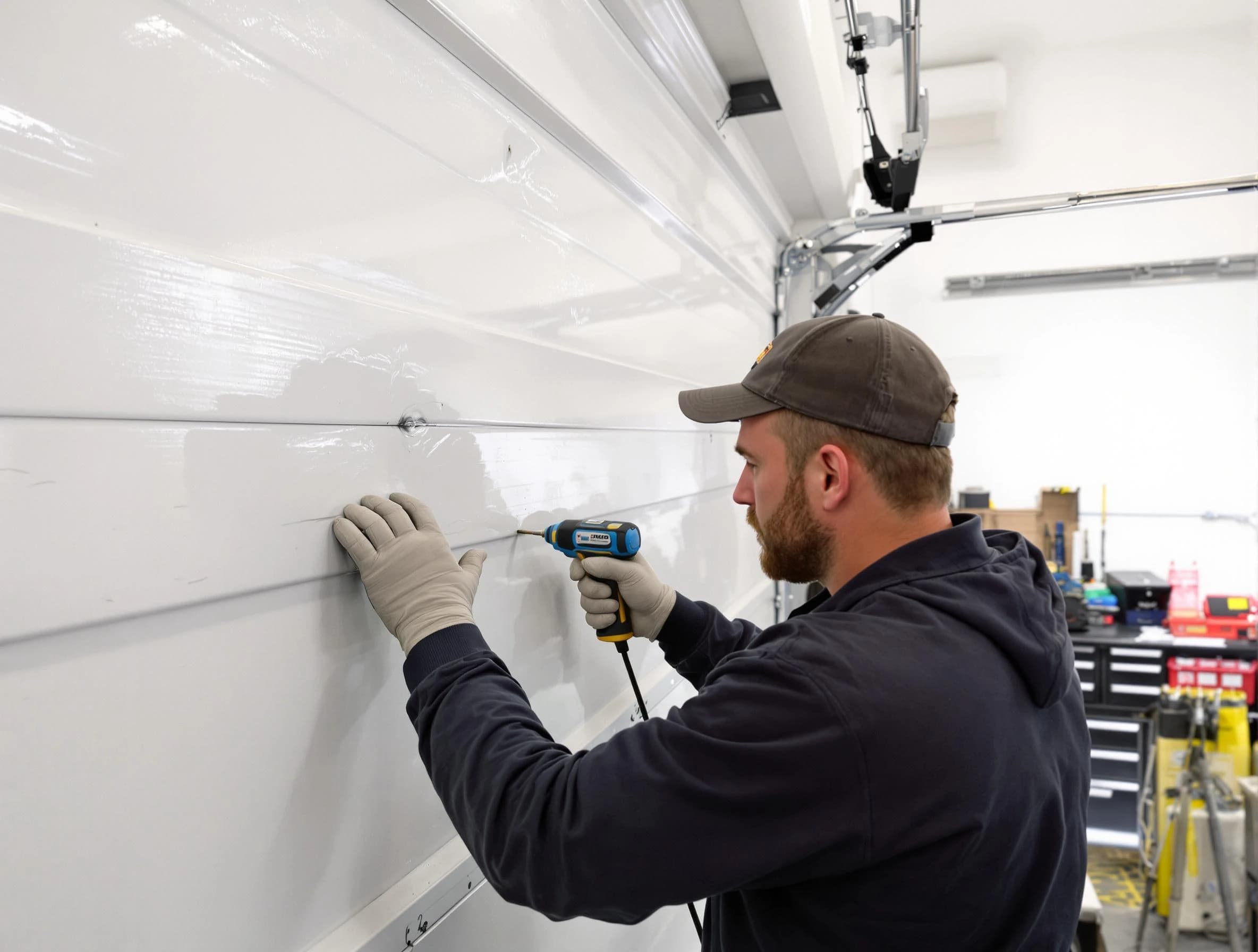 El Cerro Mission Garage Door Repair technician demonstrating precision dent removal techniques on a El Cerro Mission garage door